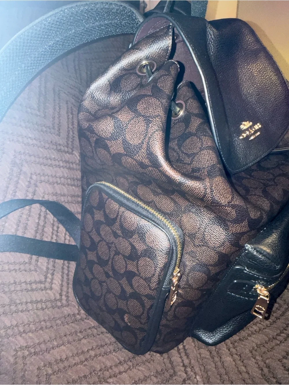 Coach Brown Signature Backpack/Diaper Bag Walnut/Black/Gold with Coach Lanyard